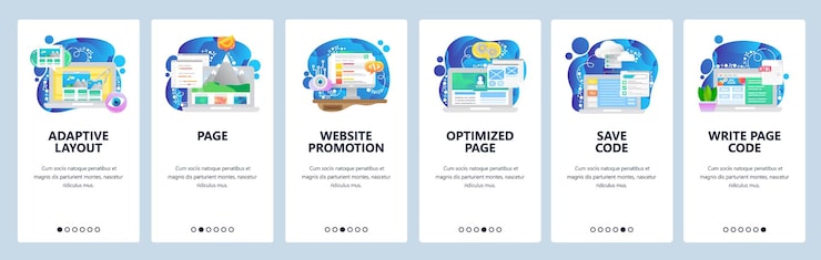 Vector 모바일 앱 온보딩 스크린 웹 소프트웨어 개발 적응 코딩 최적화 웹 사이트 및 모바일 개발을위한 메뉴 터 배너 템플릿 사이트 디자인 평면 일러스트