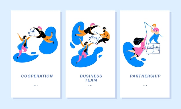 Mobile app page design template business team cooperation consulting partnership and collaboration concept people put puzzle pieces together ui landing page vector flat abstract illustration