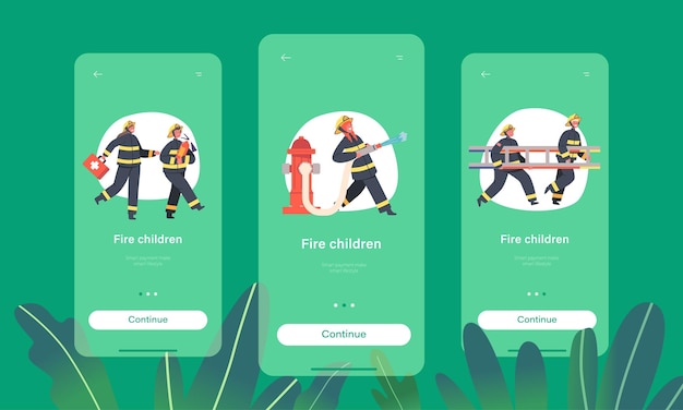 Страница мобильного приложения шаблон бортового экрана дети пожарные в униформе держит лестницу аптечка первой помощи огнетушитель