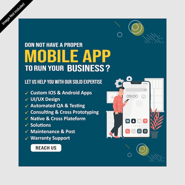 Modello di post sui social media e banner web per la promozione di app mobili marketing aziendale creativo modificabile