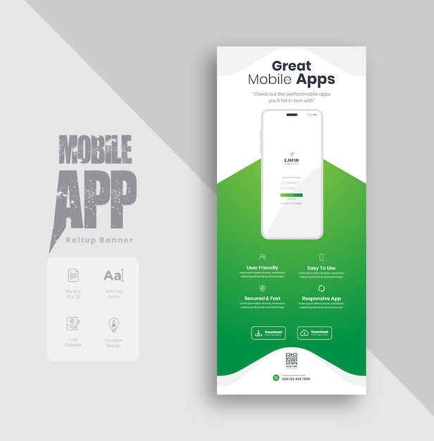 Design di banner rollup promozionale per app mobili, design di banner rollup aziendali