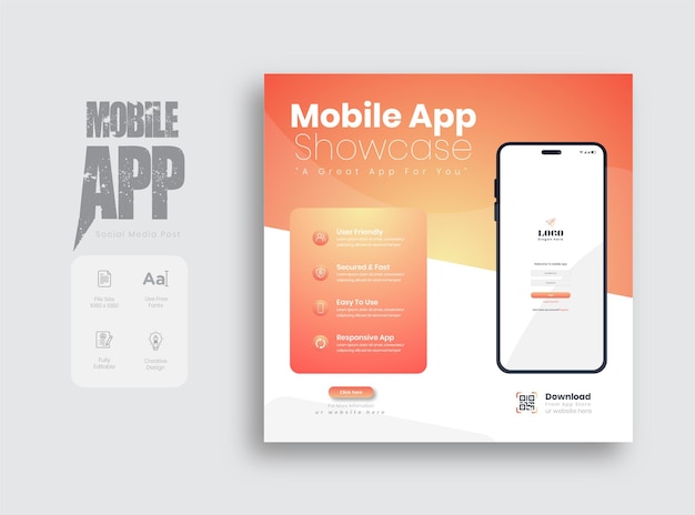Mobile app promotional social media post or Instagram post template design