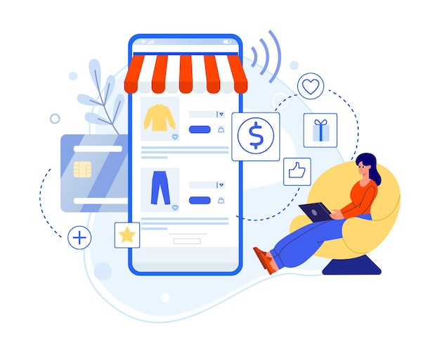 Vettore app mobile shopping e persona acquista regali donna seduta su una sedia con laptop e ordinazione di acquisti online schermo dello smartphone