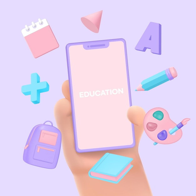 Mobile app and software program and school supplies 3d illustration