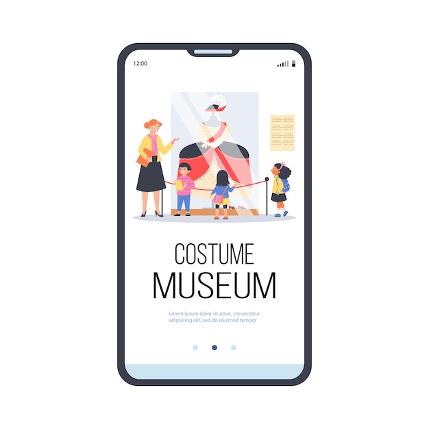 Шаблон мобильного приложения об экскурсии в музей костюма в плоском стиле