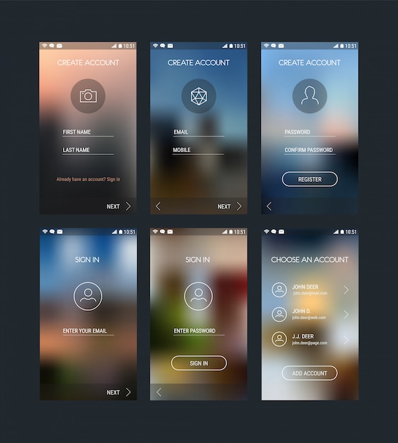 Пользовательский интерфейс мобильного приложения войти и зарегистрироваться экраны макет комплект