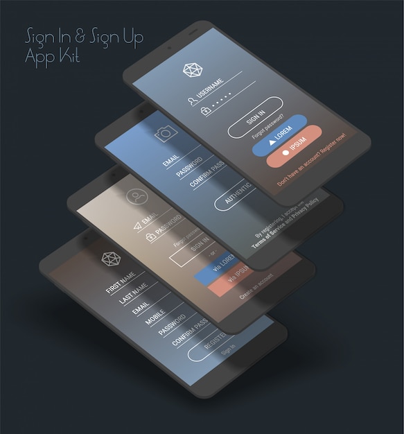 Vector mobile app ui sign in and sign up screens 3d  kit