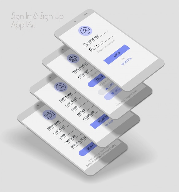 Mobile app ui sign in and sign up screens 3d  kit