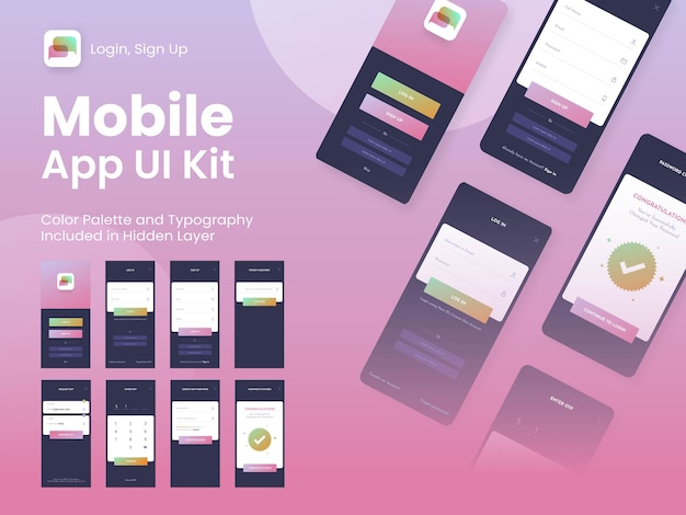 Vector mobile app ui ux gui layout with different login screens including account sign in sign up and lock screens for responsive website wireframe