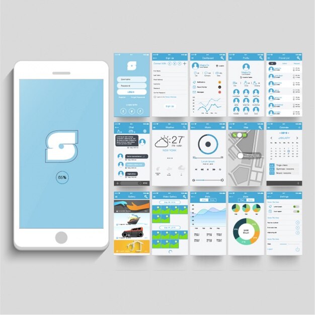 Vector mobile app with different screens