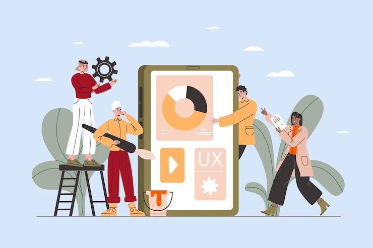 Vector mobile application build development team working on digital product designers and programmers create smartphone program app ux design phone software programming vector concept