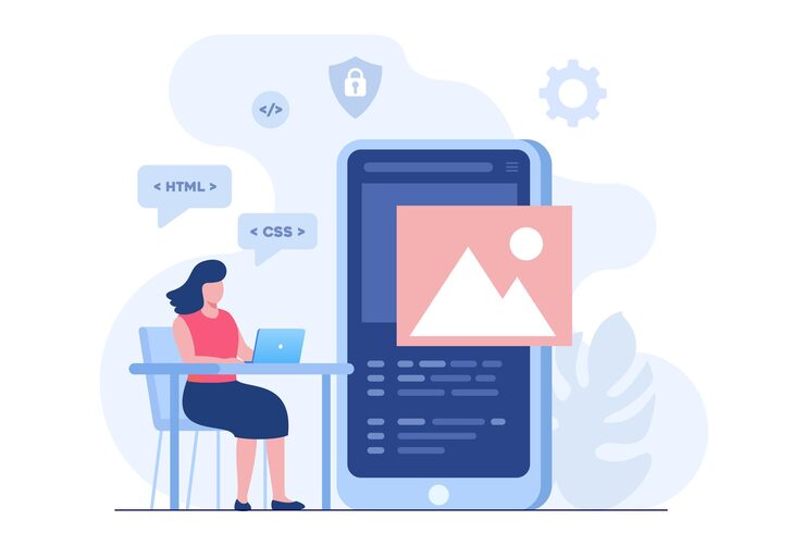Vector mobile application developer. programming languages. css, html, it, ui. female programmer cartoon character developing website, coding. flat illustration banner