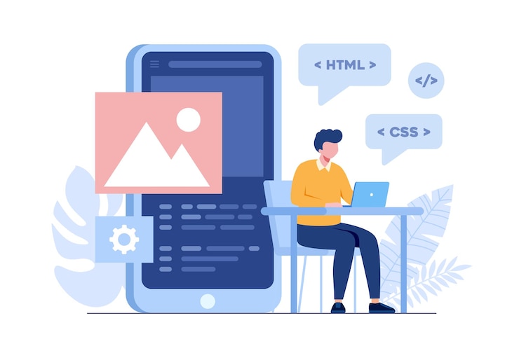 Vector mobile application developer. programming languages. css, html, it, ui. male programmer cartoon character developing website, coding. flat illustration banner