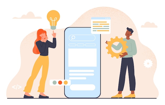 Concetto di sviluppo di applicazioni mobili uomo e donna vicino allo schermo dello smartphone programma e applicazione software sviluppatori e programmatori specialisti it illustrazione vettoriale piatta dei cartoni animati