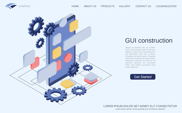 Mobile application development GUI construction software engineering isometric vector concept