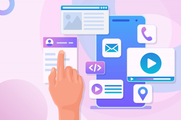 Sviluppo di applicazioni mobili. la mano si muove icone e codice programma sullo schermo del telefono. costruttore di app mobili