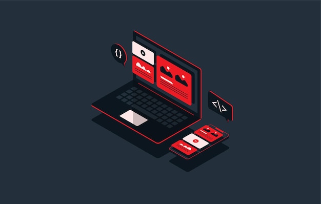 Mobile application development in isometric responsive ux ui design coding and programming concept