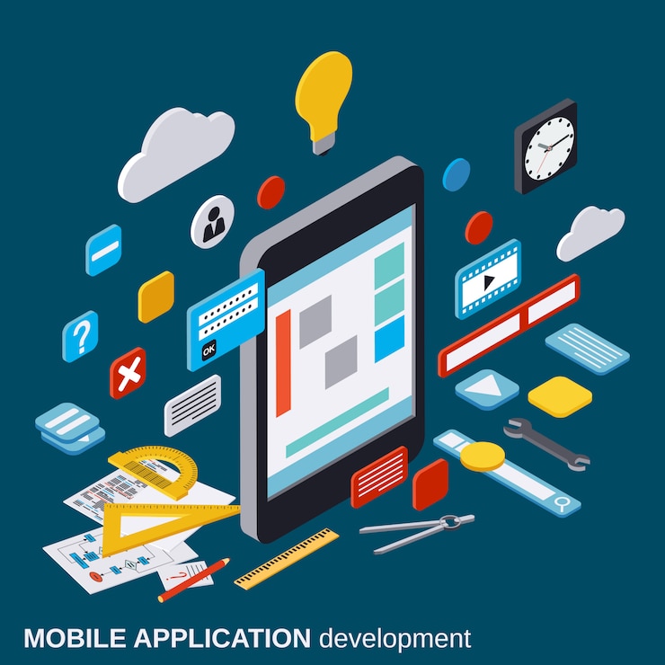 Vector mobile application development, seo process, algorithm optimization, website construction flat 3d isometric vector concept illustration