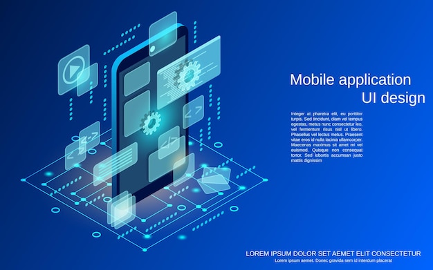 Illustrazione di concetto di vettore isometrico 3d piatto di progettazione dell'interfaccia utente dell'applicazione mobile