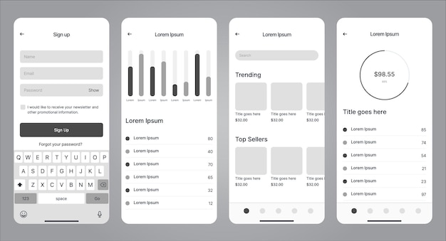 벡터 모바일 애플리케이션 ui ux 디자인 템플릿 벡터. 모바일용 와이어프레임 프로토타입 디자인.