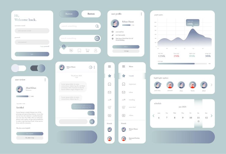 Vector mobile application uiux design dashboard chat and profile screens