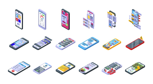 Mobile apps icons set isometric vector. Customer phone. Social experience