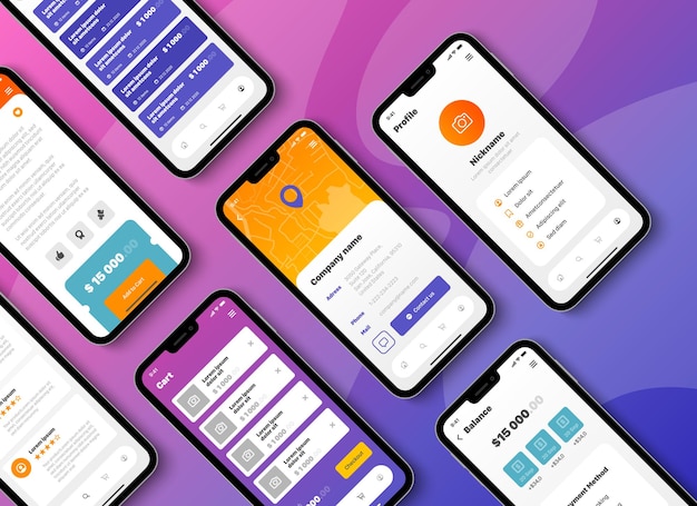 Мобильные приложения, экраны смартфонов с разными пользовательскими интерфейсами