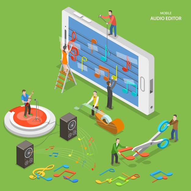 Vector mobile audio editor flat isometric vector concept.