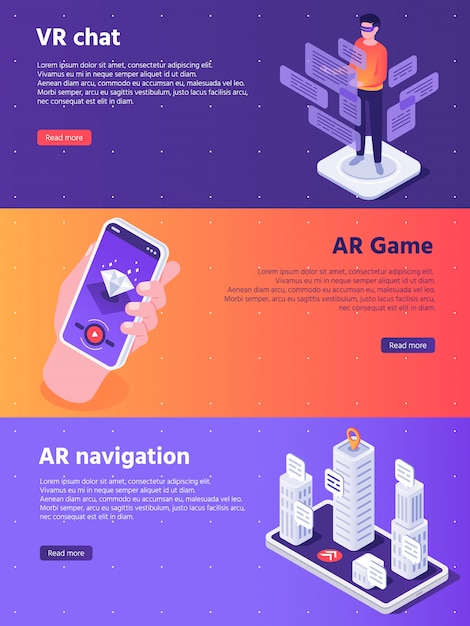 Mobile augmented reality. isometric virtual ar device entertainment banners concept illustration