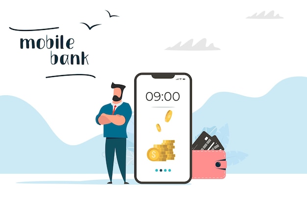 Мобильный банк. парень стоит возле кошелька и телефона с приложением банка. вектор