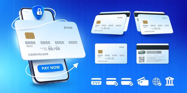 Vector mobile banking app and bank cards illustration set