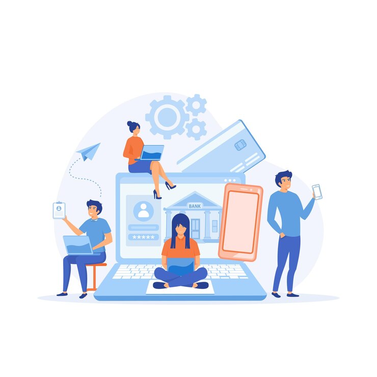 Vector mobile banking concept, people using laptop and mobile smart phone for online banking and accounting. flat vector modern illustration