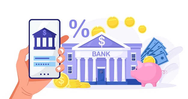 Mobile banking e gestione finanziaria. pagamenti, bonifici e depositi via internet. smartphone della stretta della mano umana per l'attività bancaria e la contabilità in linea. gestisci le finanze risparmia per investimenti futuri