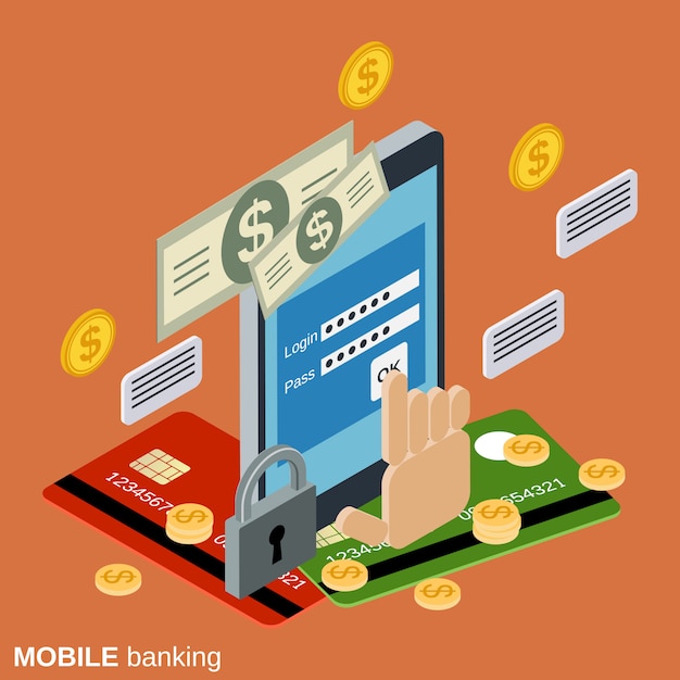 Mobile banking flat 3d isometric vector concept illustration