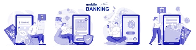 Mobile banking isolato in design piatto le persone effettuano transazioni finanziarie utilizzando l'applicazione