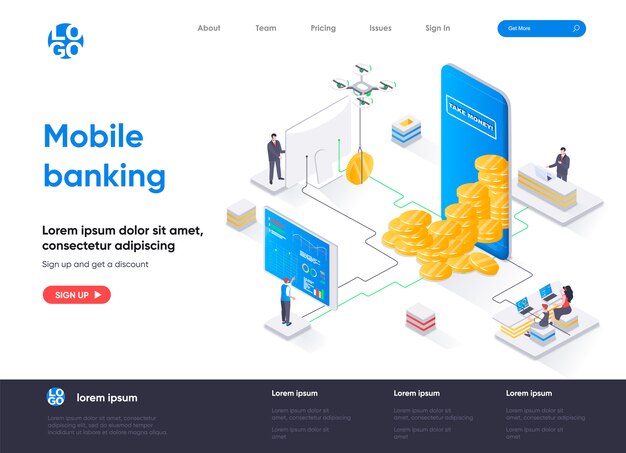Vector mobile banking isometric landing page template