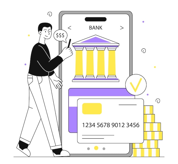 Mobile banking linear concept man with application for digital transfers and electronic commerce