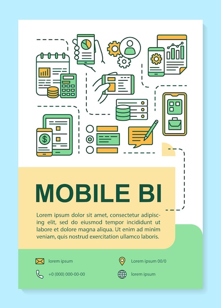 Layout del modello di poster bi mobile. intelligenza aziendale. analisi dei dati. banner, opuscolo, design di stampa di volantini con icone lineari. layout di pagina brochure vettoriale per riviste, volantini pubblicitari