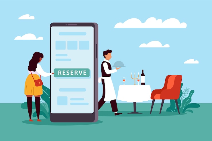 Vector mobile booking reservation of table in restaurant woman chooses cafe online waiter sets table huge smartphone and tiny people online menu food application vector concept