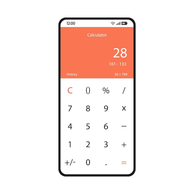 Mobile calculator smartphone interface vector template. Math app page white design layout. Simple arithmetic calculations screen. Digits subtraction flat UI. Mathematical application on phone display