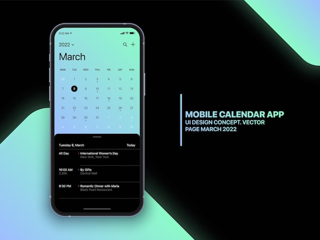 Concetto di app calendario mobile marzo 2022 pagina con elenco attività e attività ui ux design vector su mockup realistico dello schermo del telefono isolato su sfondo. modello di applicazione per pianificatore aziendale per smartphone