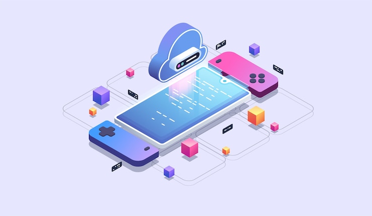 Vector mobile cloud gaming. phone games development. modern isometric illustration.