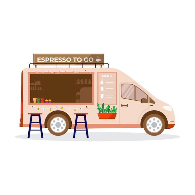 Mobile coffee shop, cafe on wheels in city park, street food festival concept banner.