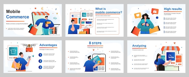 Concetto di commercio mobile per modello di diapositiva di presentazione persone clienti che acquistano