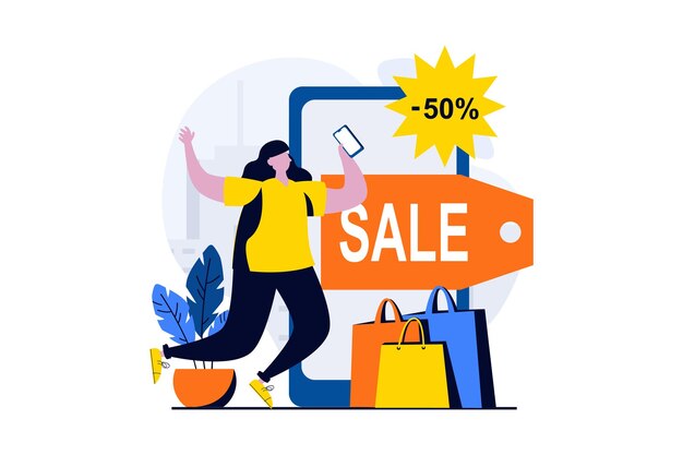 Concetto di commercio mobile con scene di persone in design piatto cartone animato la donna effettua acquisti online dopo aver ricevuto la notifica sui prezzi di vendita e sconti illustrazione vettoriale storia visiva per il web