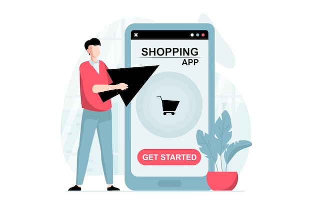 Концепция мобильной коммерции со сценой для людей в плоском дизайне Человек выбирает товары в интернет-магазине и совершает онлайн-покупку, касаясь экрана в приложении