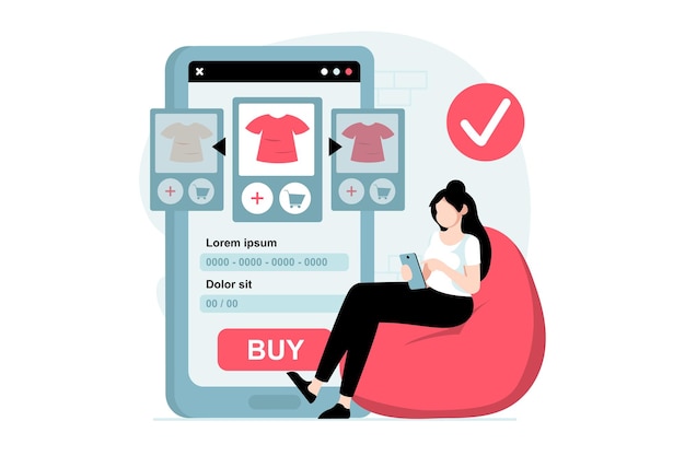 フラットなデザインの人々 のシーンとモバイル コマースのコンセプトショップで商品を選択する女性はオンライン購入し、モバイル アプリで商品を注文します。