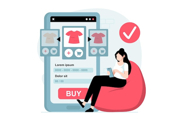 Concetto di commercio mobile con scena di persone in design piatto la donna che sceglie le merci in negozio effettua acquisti online e ordina merci nell'app mobile illustrazione vettoriale con situazione di carattere per il web