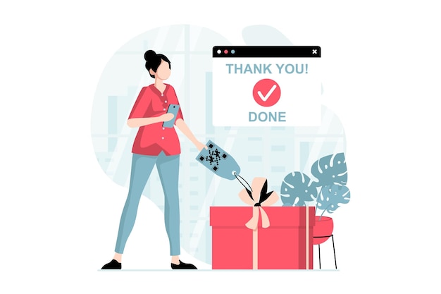 Mobile commerce concept with people scene in flat design Woman making online purchases in application and receiving gifts and bonuses from shop Vector illustration with character situation for web