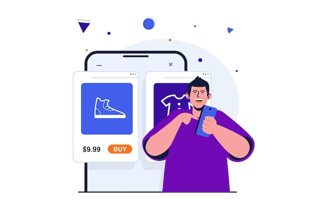 Современная плоская концепция мобильной коммерции для дизайна веб-баннеров Клиент выбирает товары в интернет-магазине